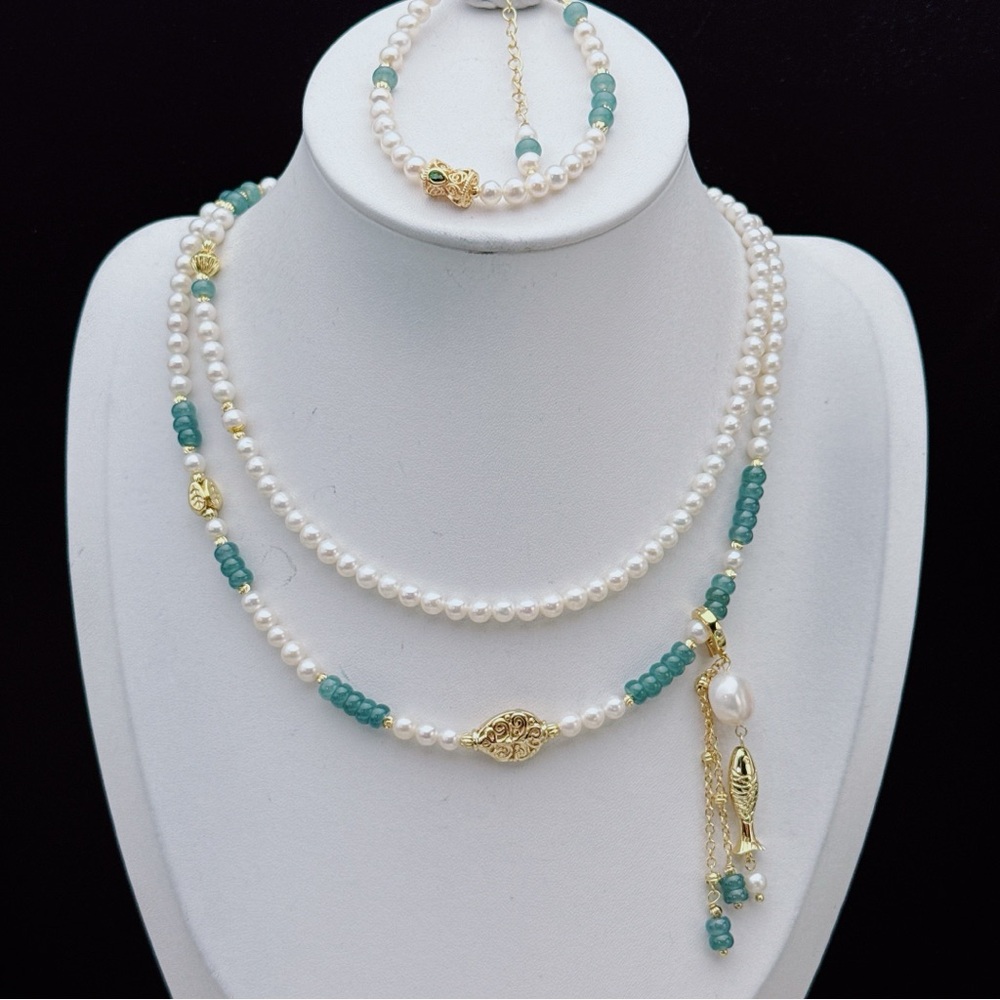 X668 Handmade High Quality Freshwater Pearl Jade Long Necklace and Bracelet Set - Picture 11 of 11